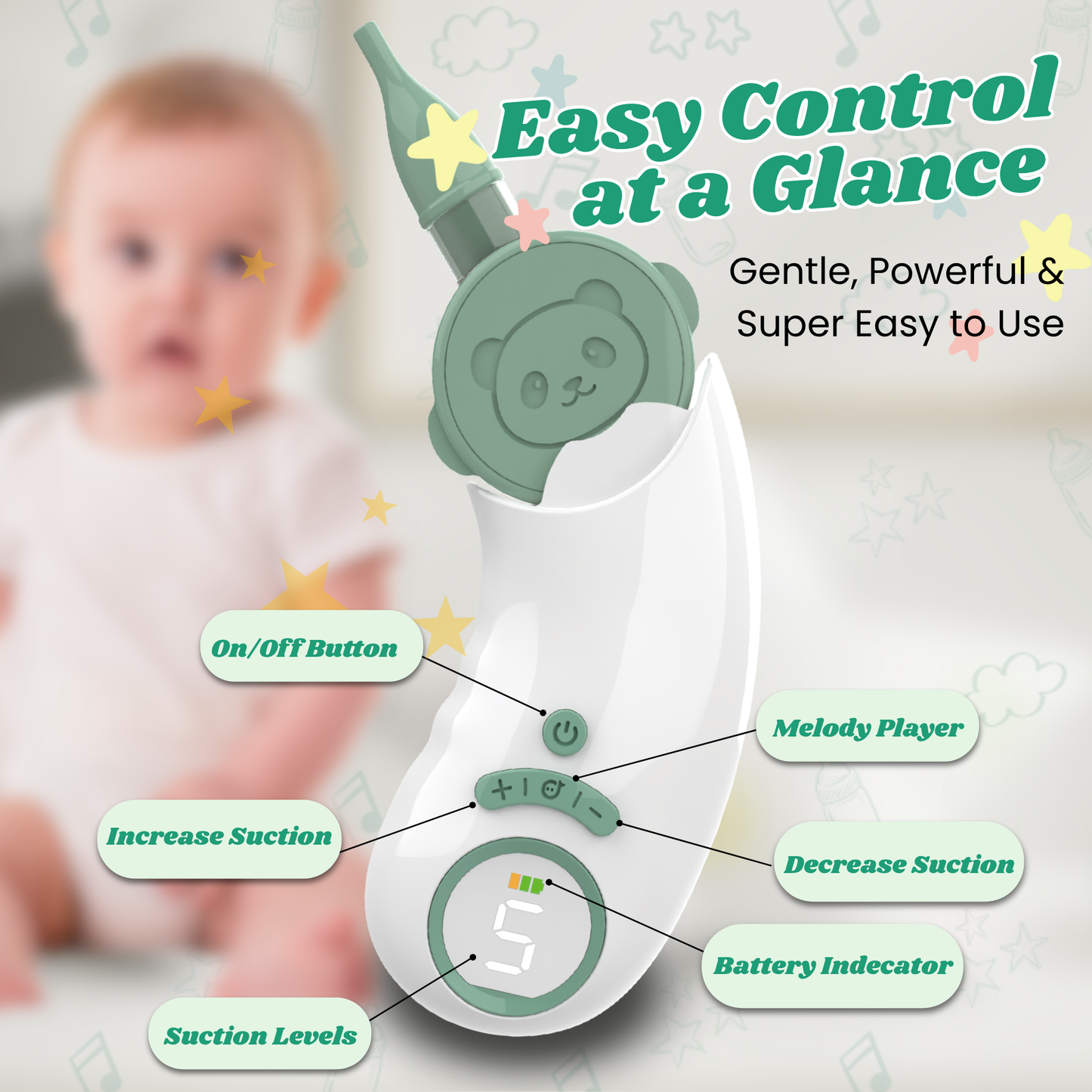 Electric Nasal Aspirator for Baby – Nose Sucker with Toddler Friendly Design, 5 Suction Levels up to 70kPa, Soothing LED & Music, Removable Lid, IPX7 Waterproof, USB-C Rechargeable