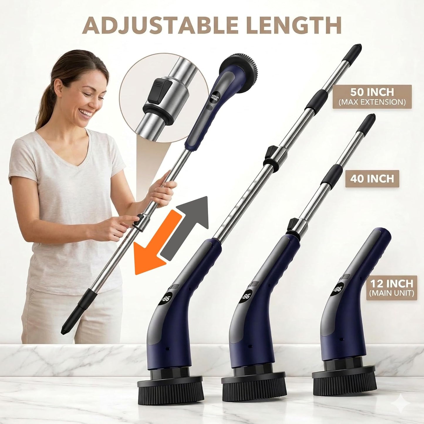 Electric Spin Scrubber – Cordless, 70W Power, LCD Display, IPX7 Waterproof, Dual Speed, 7 Brush Heads, Extendable Handle