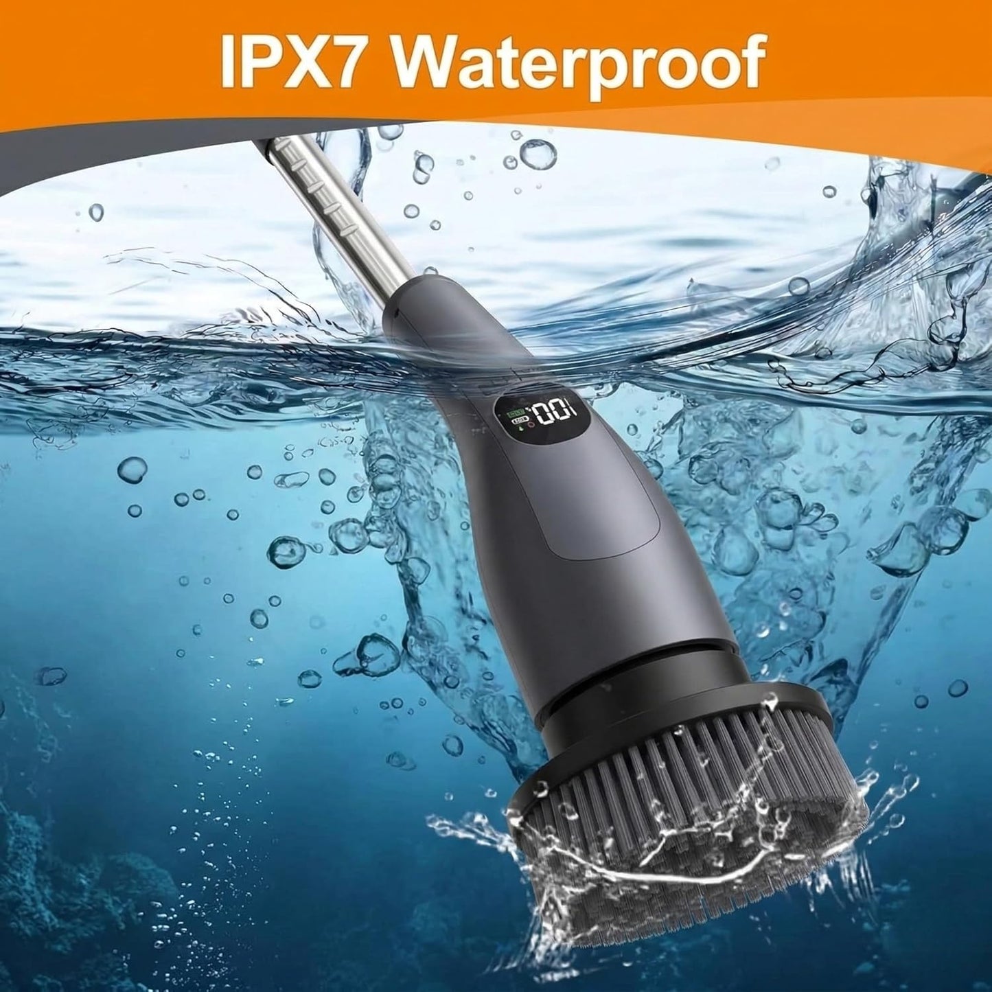 Electric Spin Scrubber – Cordless, 70W Power, LCD Display, IPX7 Waterproof, Dual Speed, 7 Brush Heads, Extendable Handle