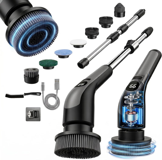 Electric Spin Scrubber – Cordless, 70W Power, LCD Display, IPX7 Waterproof, Dual Speed, 7 Brush Heads, Extendable Handle