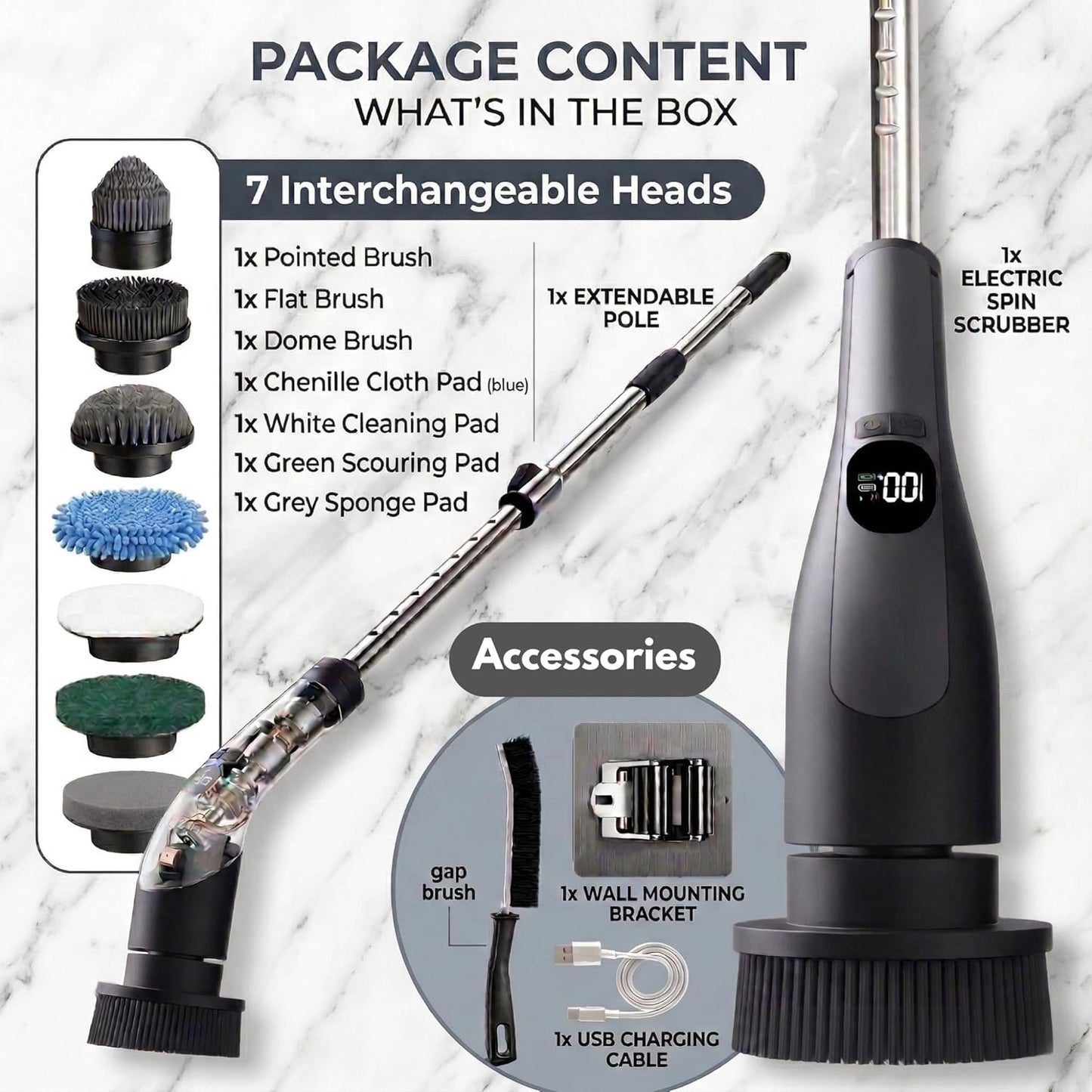 Electric Spin Scrubber – Cordless, 70W Power, LCD Display, IPX7 Waterproof, Dual Speed, 7 Brush Heads, Extendable Handle