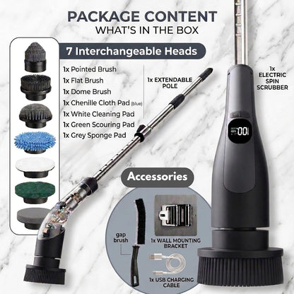 Electric Spin Scrubber – Cordless, 70W Power, LCD Display, IPX7 Waterproof, Dual Speed, 7 Brush Heads, Extendable Handle
