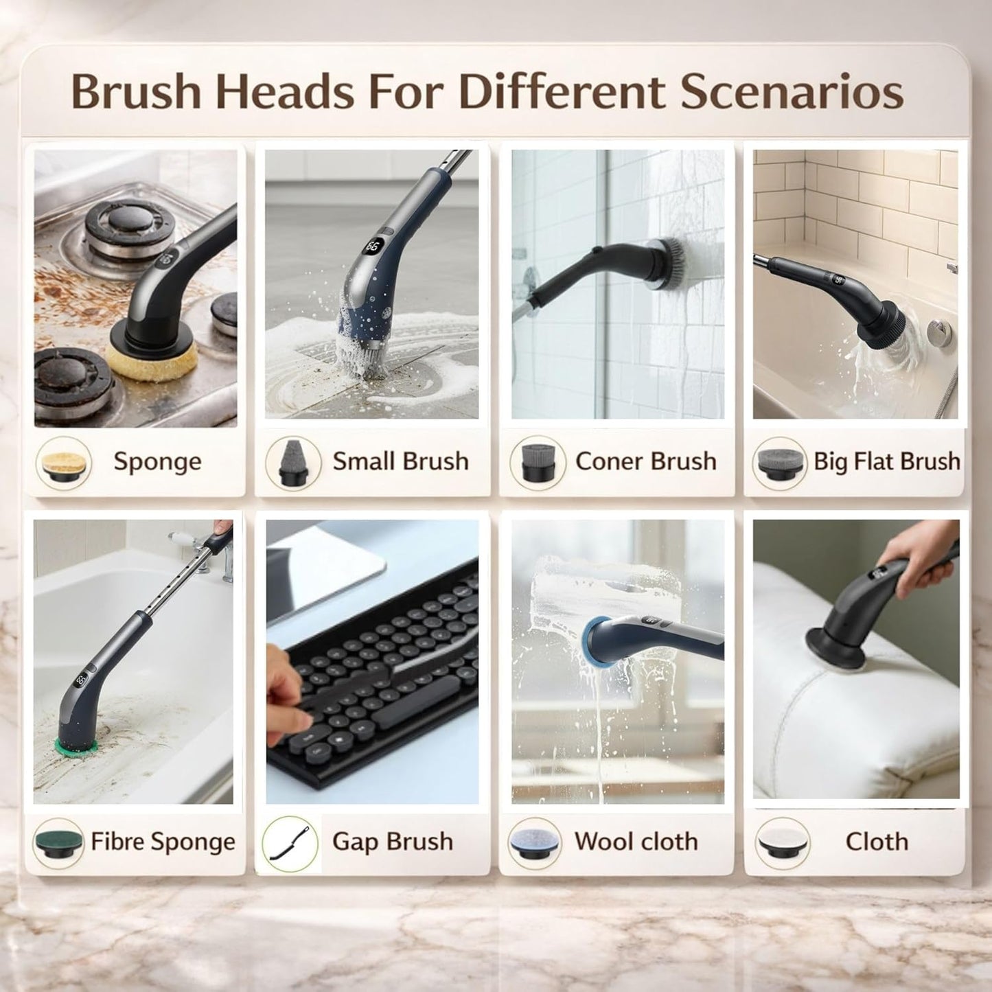 Electric Spin Scrubber – Cordless, 70W Power, LCD Display, IPX7 Waterproof, Dual Speed, 7 Brush Heads, Extendable Handle