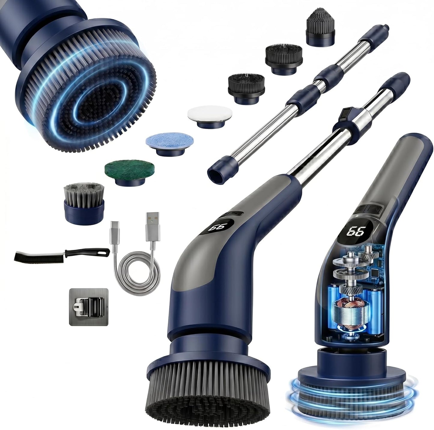 Electric Spin Scrubber – Cordless, 70W Power, LCD Display, IPX7 Waterproof, Dual Speed, 7 Brush Heads, Extendable Handle