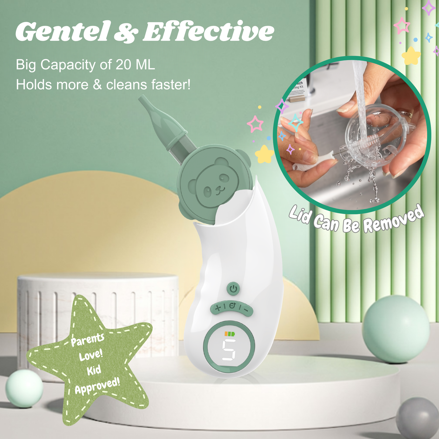 Electric Nasal Aspirator for Baby – Nose Sucker with Toddler Friendly Design, 5 Suction Levels up to 70kPa, Soothing LED & Music, Removable Lid, IPX7 Waterproof, USB-C Rechargeable