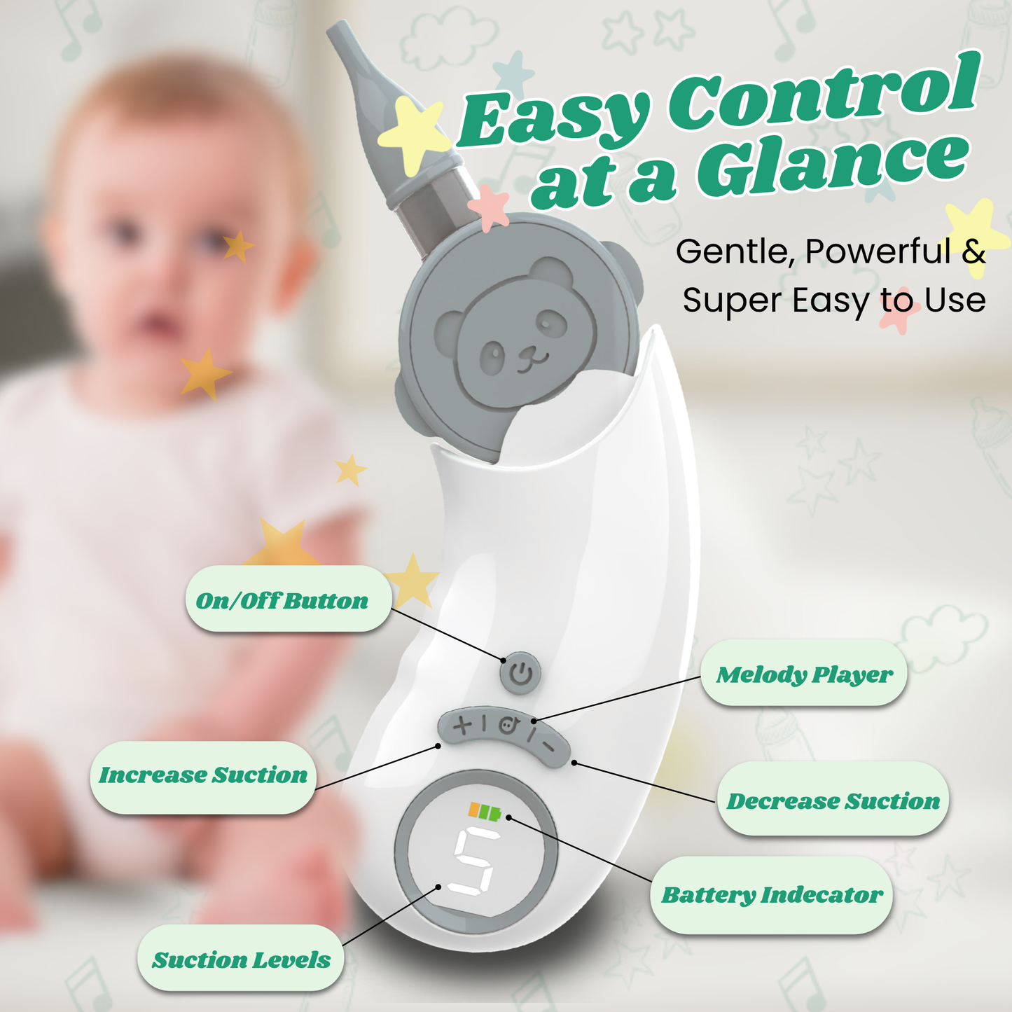 Electric Nasal Aspirator for Baby – Nose Sucker with Toddler Friendly Design, 5 Suction Levels up to 70kPa, Soothing LED & Music, Removable Lid, IPX7 Waterproof, USB-C Rechargeable