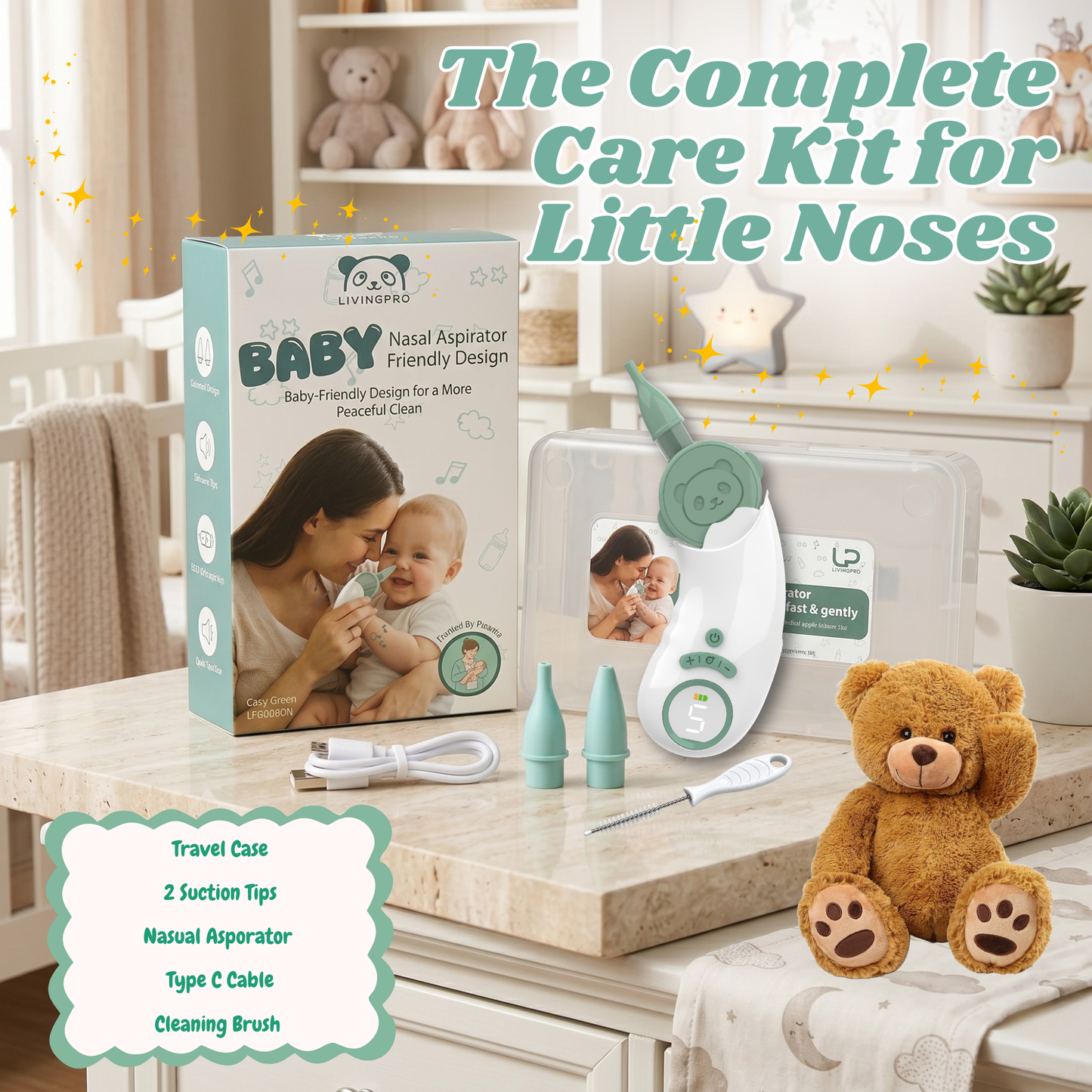 Electric Nasal Aspirator for Baby – Nose Sucker with Toddler Friendly Design, 5 Suction Levels up to 70kPa, Soothing LED & Music, Removable Lid, IPX7 Waterproof, USB-C Rechargeable