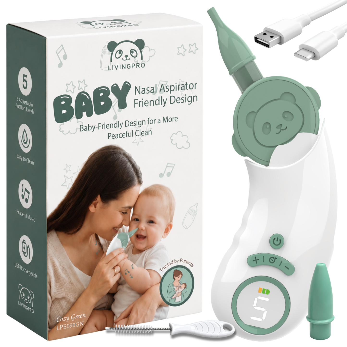 Electric Nasal Aspirator for Baby – Nose Sucker with Toddler Friendly Design, 5 Suction Levels up to 70kPa, Soothing LED & Music, Removable Lid, IPX7 Waterproof, USB-C Rechargeable