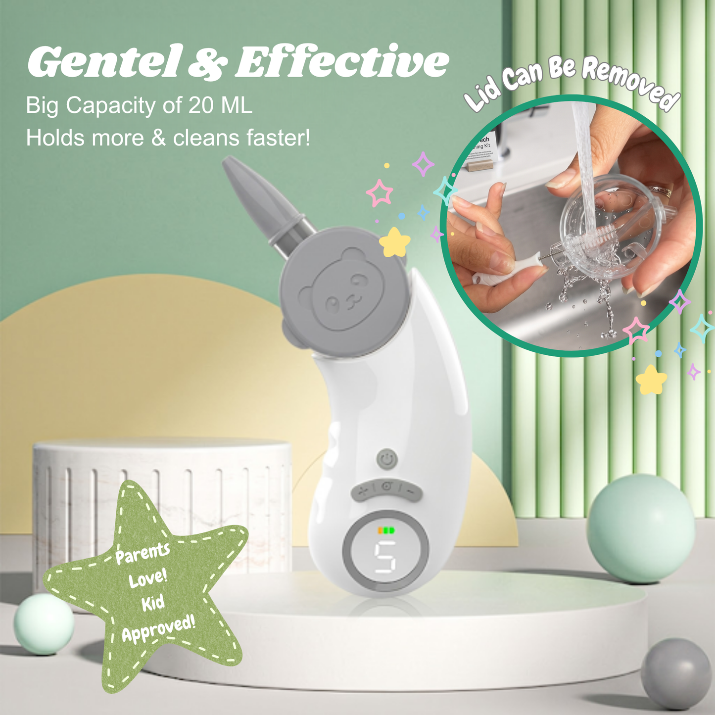 Electric Nasal Aspirator for Baby – Nose Sucker with Toddler Friendly Design, 5 Suction Levels up to 70kPa, Soothing LED & Music, Removable Lid, IPX7 Waterproof, USB-C Rechargeable